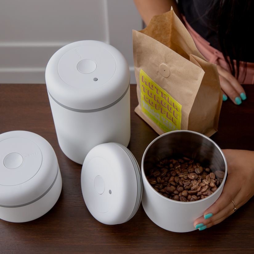 Fellow Atmos Vacuum Canister for Coffee Beans, Matte White Steel Crema