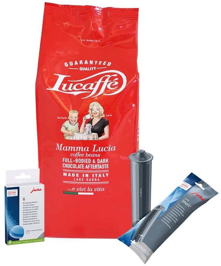 Jura Claris Smart+ vattenfilter + rengöringstabletter 6 kpl + Lucaffé Mamma Lucia 1 kg kaffebönor