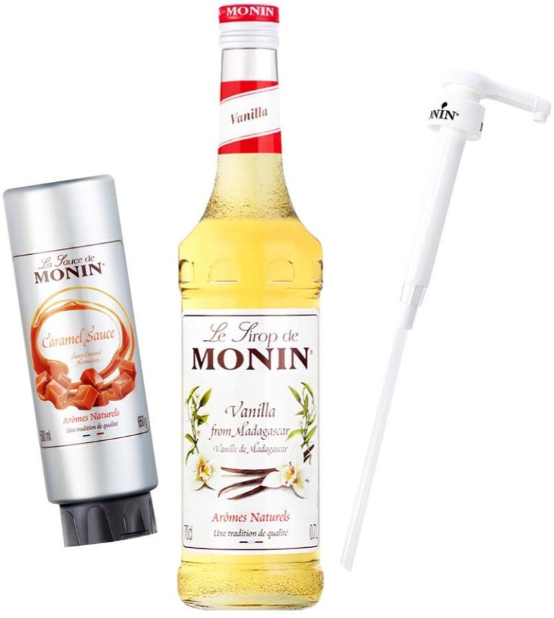 Monin Vanilla 700 ml + Monin karamellsås 500 ml + Monin-syrupspump