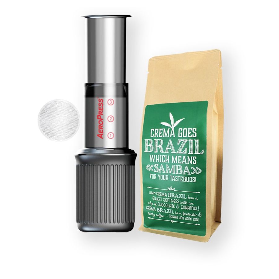 AeroPress Go kaffebryggare + permanent stålfilter + Crema Brazil 250 g