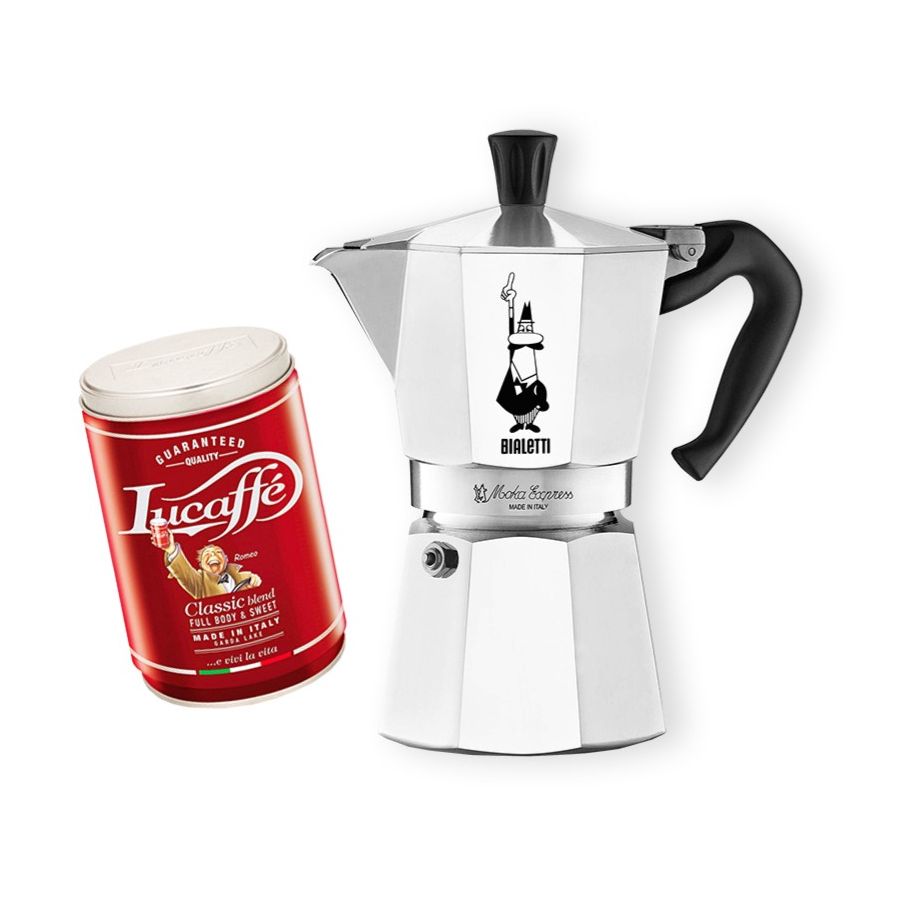 Bialetti Moka Express 6 koppars mokabryggare + Lucaffé Classic 250 g malet kaffe