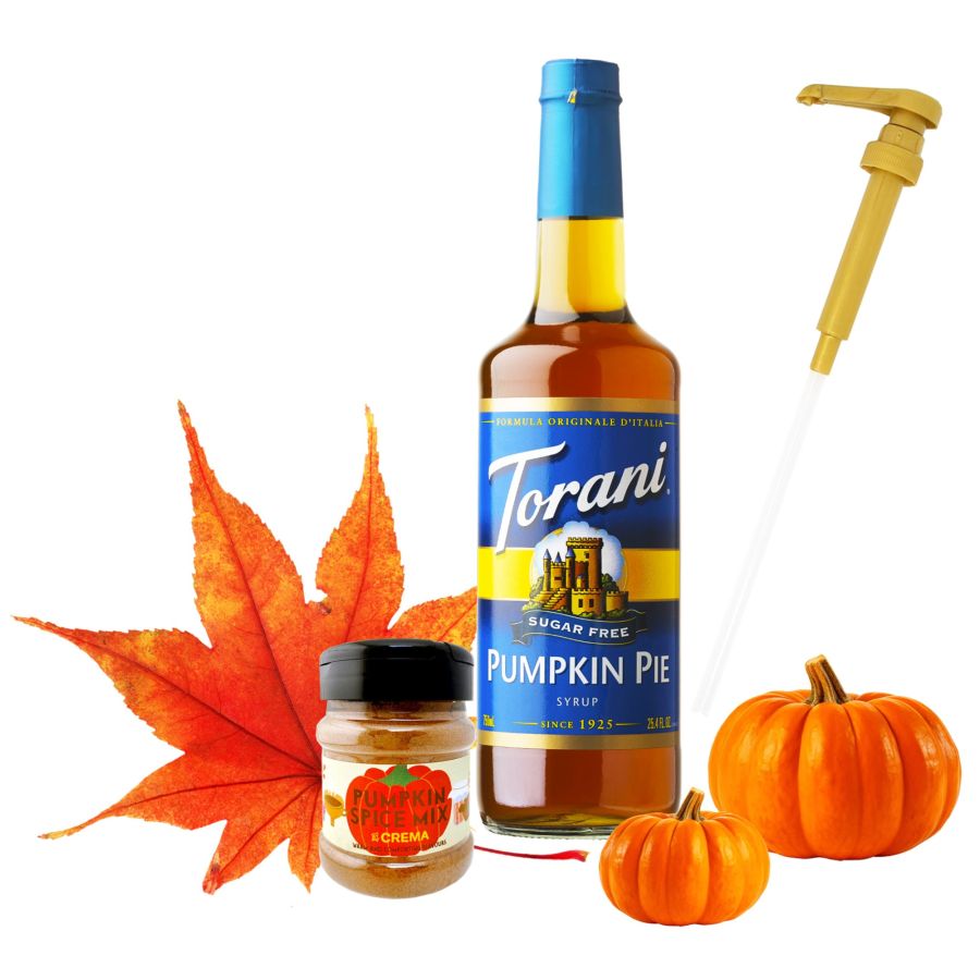 Crema Pumpkin Spice kryddmix 100 g + Torani Pumpkin Pie sockerfri syrup 750 ml + pump