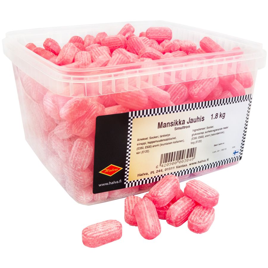 Halva hårda jordgubbskarameller, låda 1,8 kg