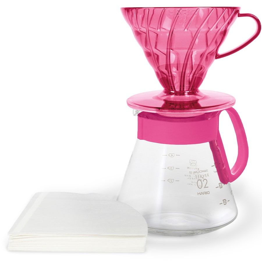 Hario V60 Dripper & Server Set -kaffeset storlek 02, Flamingo pink