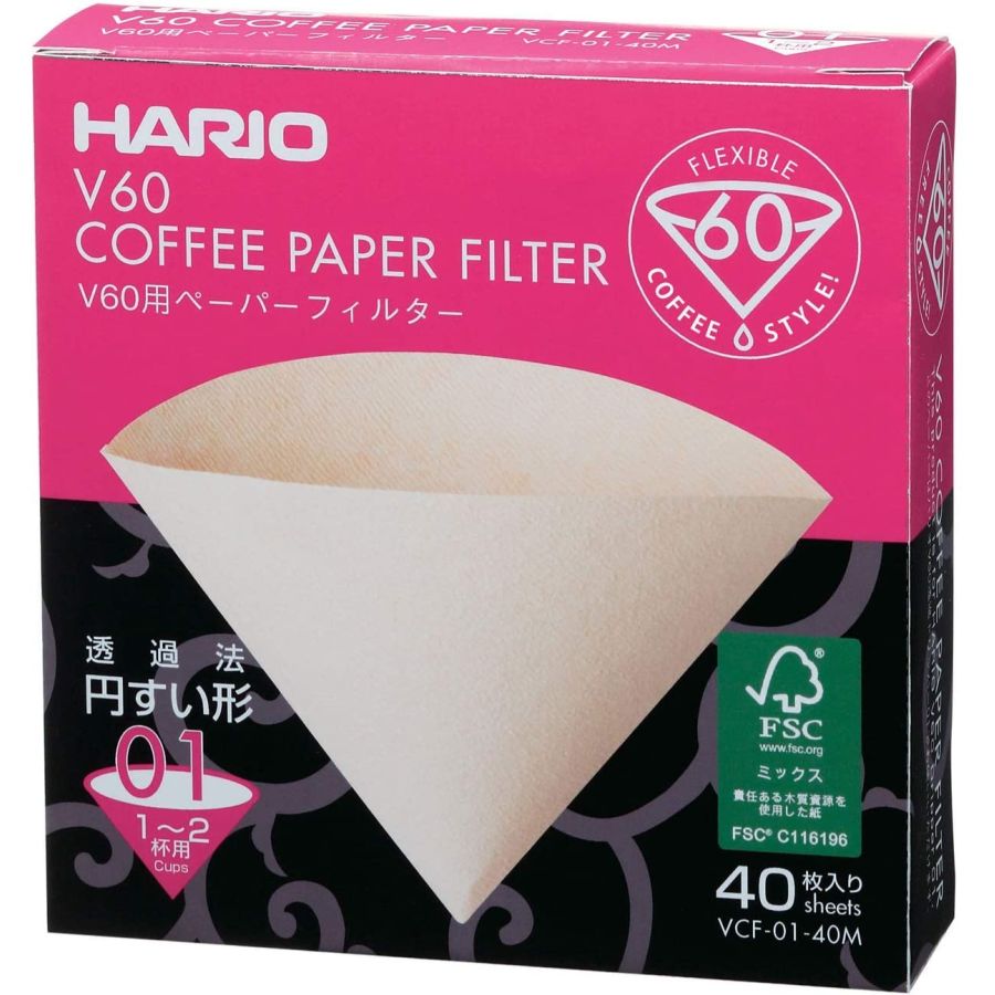 Hario V60 Misarashi  oblekta kaffefilter storlek 01, 40 st i låda