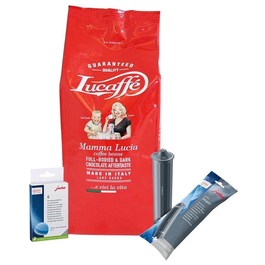 Jura Claris Smart+ vattenfilter + rengöringstabletter 6 kpl + Lucaffé Mamma Lucia 1 kg kaffebönor