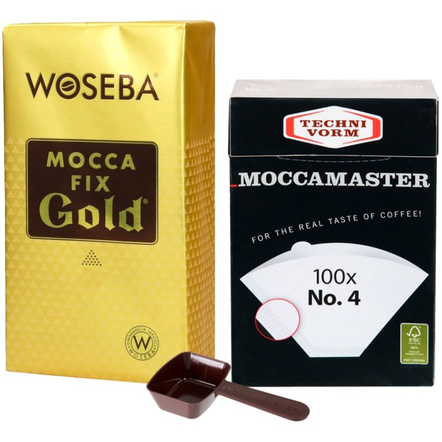 Moccamaster Coffee Measuring Spoon & Filter Papers 100 pcs + Woseba Mocca Fix Gold 500 g