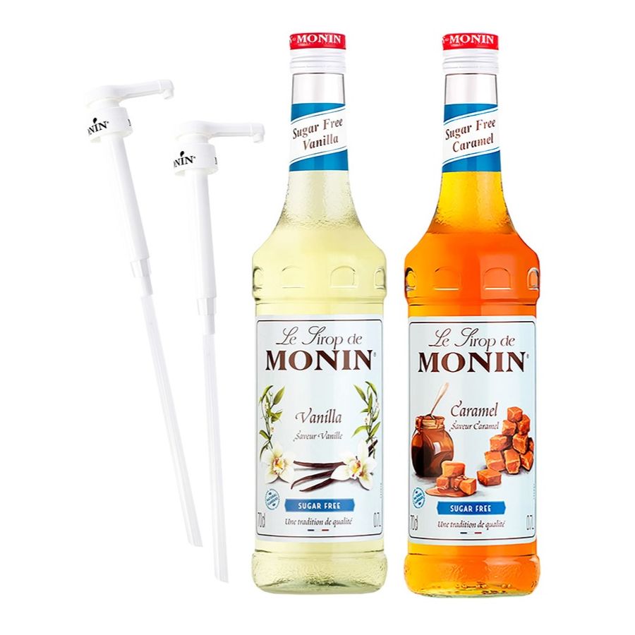 Monin Sugar Free Vanille 700 ml + Sugar Free Caramel 700 ml + 2 x Monin Syrup Pump